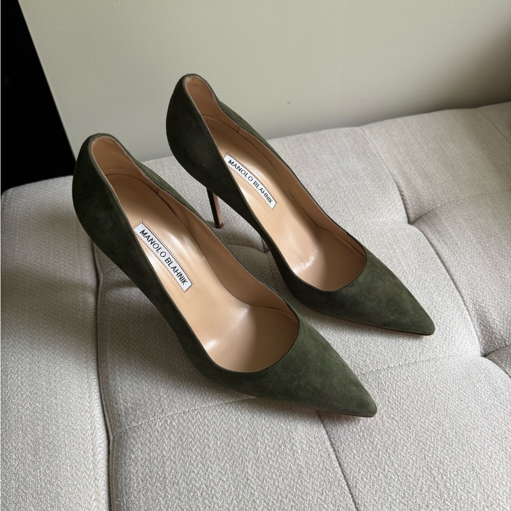 Manolo Blahnik Dark Green Suede Heels